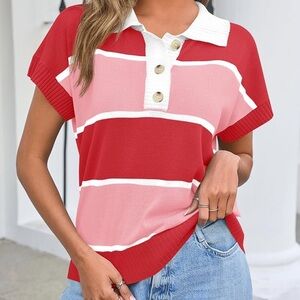 Striped Polo Short Sleeve Sweater Top-Red Pink Button Front Collared Knit-Size M